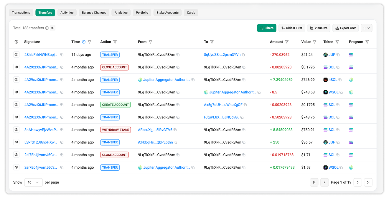 With the filters enabled, low-value transfers and spam transactions are hidden by default to reduce activity table noise.