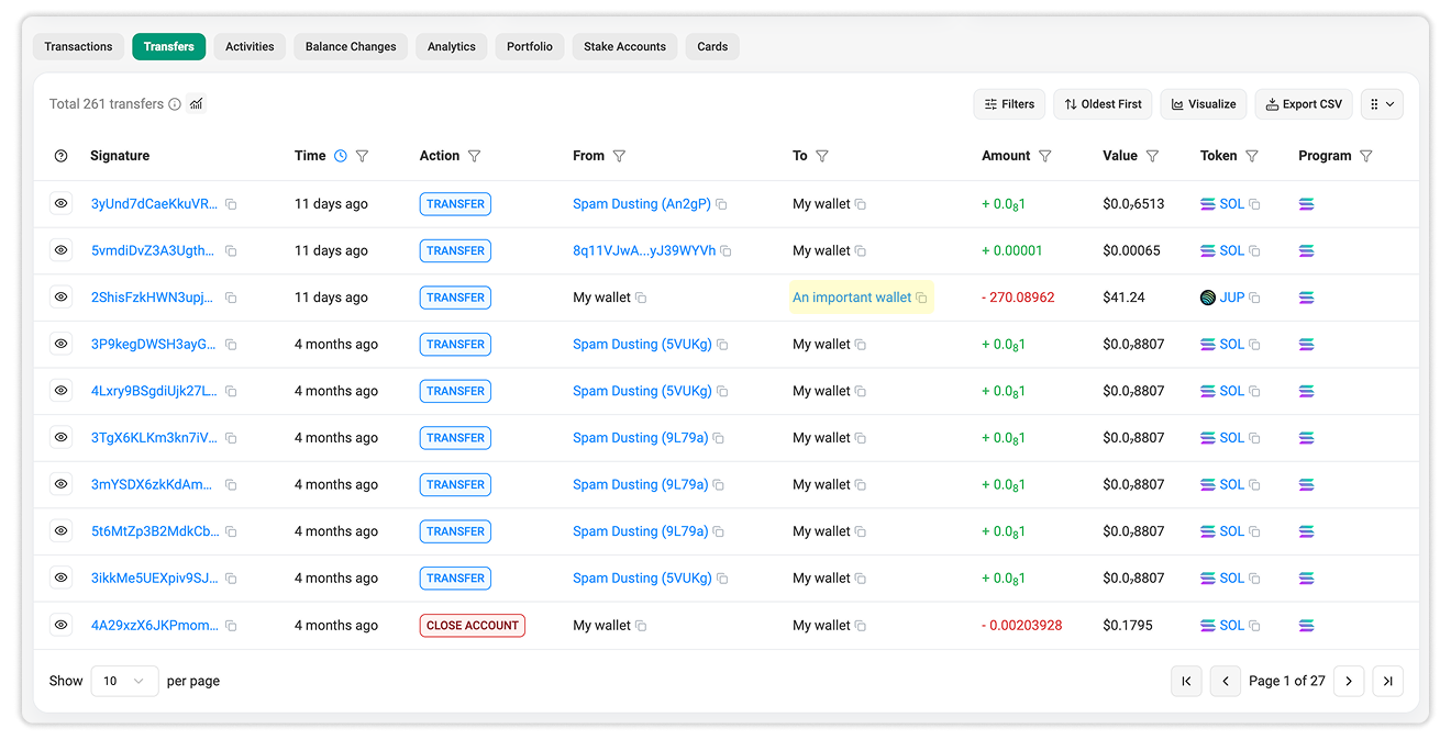 When you add a Personal Label to a wallet, the label appears across activity tables and transaction detail pages while you are signed in to Solscan.