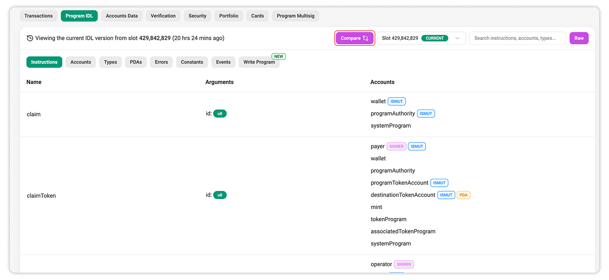 Click the Compare button to compare between IDL versions of the program.