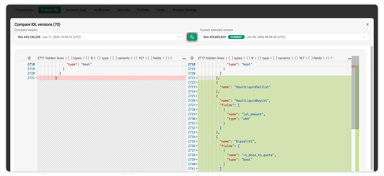 Show Unchanged Regions feature will display the full IDL file of the two versions.