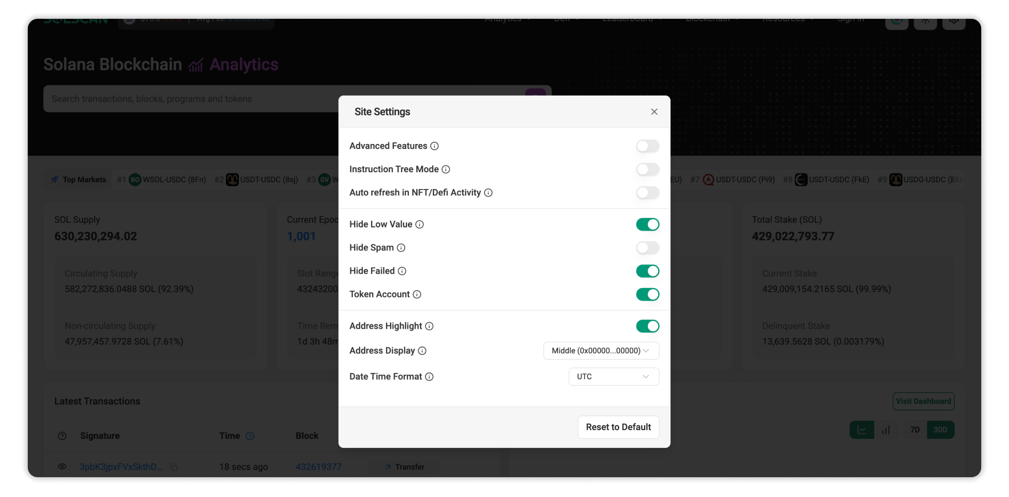 Solscan Site Settings menu in default browser settings.