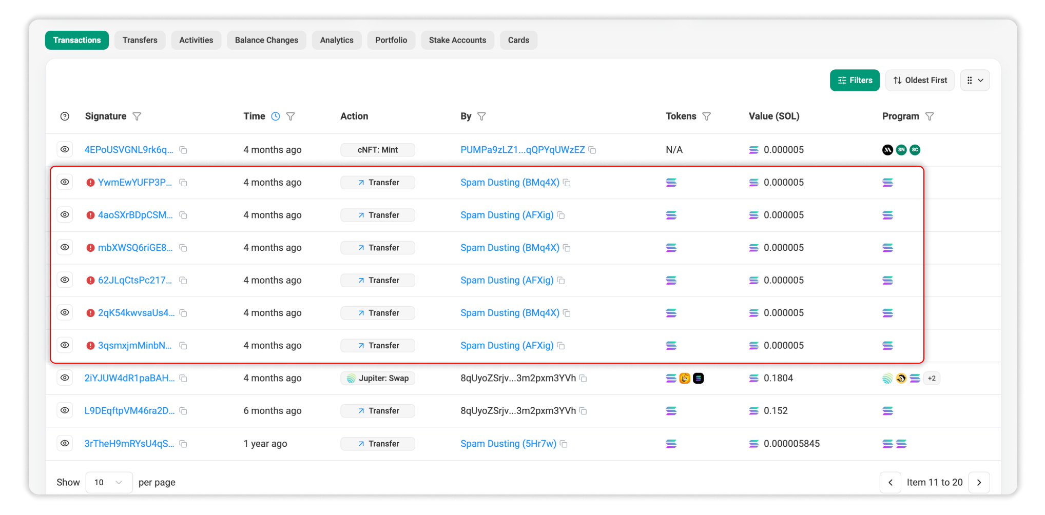 Example of failed transactions in the table.