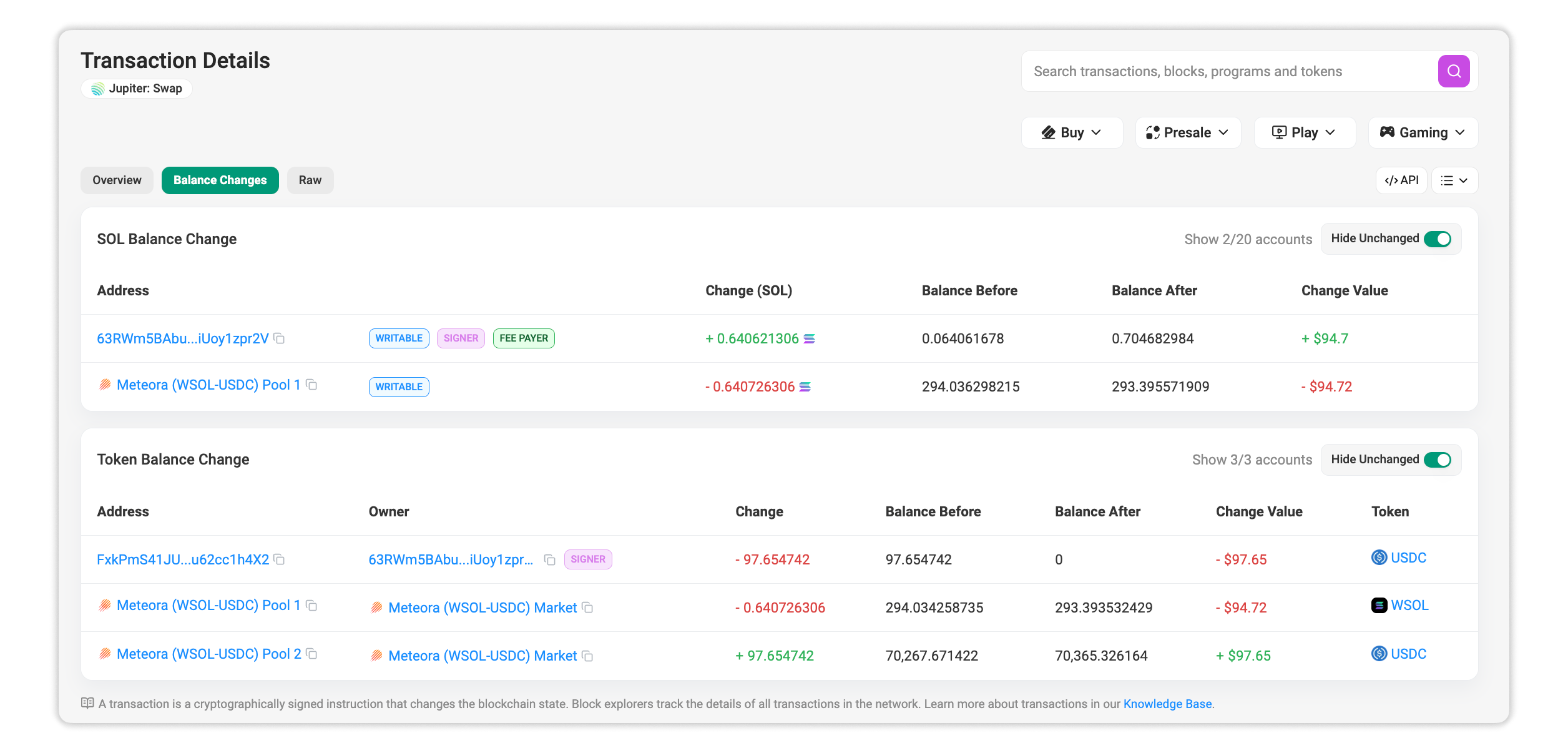 Balance Changes tab in Transaction Details page
