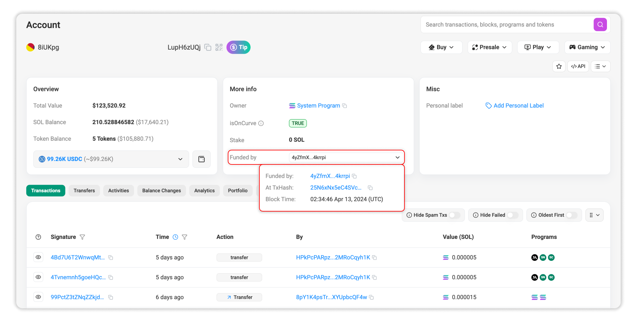 "Funded by" information displayed on Solscan Account page.