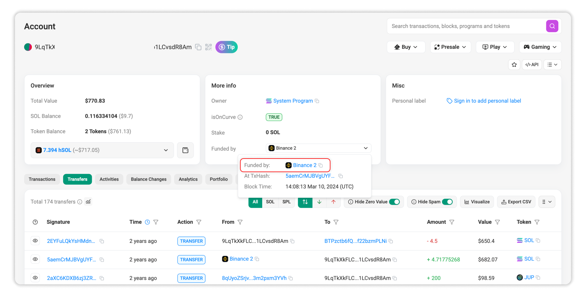 Example of a wallet’s first funding transaction sent via a centralized exchange.
